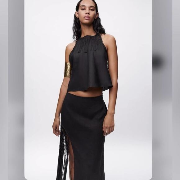 Zara Black Midi Skirt with Fringe Detail - Picture 7 of 13
